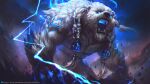  1boy absurdres animal artist_name bear claws commentary earrings electricity fangs glowing glowing_eyes glowing_mouth highres jewelry joaowbenfica league_of_legends long_hair open_mouth sharp_teeth solo teeth volibear web_address white_hair 