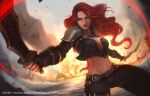  1girl absurdres armor artist_name bangs belt black_gloves breasts brown_belt brown_pants cleavage closed_mouth dagger fingerless_gloves gloves grey_eyes highres holding holding_weapon joaowbenfica katarina_(league_of_legends) knife large_breasts league_of_legends long_hair navel pants red_hair scar shoulder_armor skull_ornament smile solo squinting steam stomach weapon web_address 