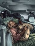  absurd_res ambiguous_gender anthro bag baggy_clothing baggy_topwear bedding blanket car car_seat clothed clothing cuddling digital_media_(artwork) embrace head_on_chest hi_res hyaenid lying mammal momamo pillow sleeping smile spotted_hyena striped_hyena topless topwear vehicle 