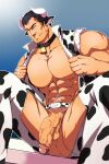  1boy 2021 abs animal_ears animal_print bara bare_pectorals bell bulge chinese_zodiac clothing_cutout cow_boy cow_ears cow_horns cow_print crotchless crotchless_pants facial_hair feet_out_of_frame flaccid horns jacket kito_(clamp5656) large_pectorals male_focus mature_male muscular muscular_male navel navel_hair neck_bell nipples no_male_underwear one_eye_closed open_clothes open_jacket original pants pectorals penis print_jacket print_pants reward_available seductive_smile short_hair sideburns smile solo spread_legs stomach stubble textless thick_thighs thigh_cutout thighs uncensored undressing veins veiny_penis year_of_the_ox 