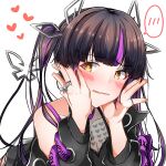  1girl bangs black_hair black_jacket black_shirt blunt_bangs blush breasts cleavage commentary_request cross-laced_sleeves dameyoshi demon_girl demon_horns demon_tail eyebrows_visible_through_hair hands_on_own_cheeks hands_on_own_face heart heart_print highres horns jacket jewelry kojo_anna long_hair long_sleeves looking_at_viewer multicolored_hair off_shoulder open_mouth pointy_ears print_shirt purple_hair ring russian_text see-through_shirt shirt simple_background sleeveless sleeveless_shirt solo spoken_blush sugar_lyric tail twintails two-tone_hair upper_body virtual_youtuber white_background yellow_eyes 