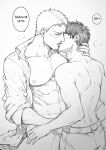  2boys abs absurdres bara bare_pectorals bottomless ekit70 eren_yeager facial_hair french_kiss from_side goatee greyscale highres kiss male_focus monochrome multiple_boys muscular muscular_male naked_shirt nipples open_clothes open_shirt pectorals reiner_braun shingeki_no_kyojin shirt short_hair sideburns stomach thai_text toned toned_male topless_male translation_request upper_body yaoi 