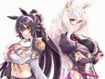  2girls absurdres animal_ears bandaid bandaid_on_nose biwa_hayahide_(umamusume) black_hair breasts crossed_arms glasses highres horse_ears large_breasts long_hair mappe_(778exceed) midriff multiple_girls narita_brian_(umamusume) navel ponytail smile umamusume white_hair yellow_eyes 