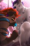  2022 animated anthro anthro_on_anthro areola balls blinking blue_nose blue_tongue bouncing_balls canid canine canis detailed_background domestic_dog duo ear_piercing erection fellatio genitals glistening glistening_balls hair hi_res hunting_dog hyaenid male male/male mammal nipples nude oral penile penis piercing purple_eyes purple_hair sex terrier tongue zouletsentiment 