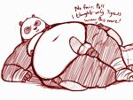  2022 anthro belly big_belly dialogue dreamworks duo giant_panda hand_on_leg hand_on_thigh haplorhine head_lock kung_fu_panda lying male mammal master_monkey master_po_ping monkey moobs navel nipples nude obese obese_anthro obese_male on_side overweight overweight_anthro overweight_male oystercatcher7 primate text ursid 