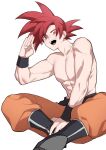  1boy abs dragon_ball dragon_ball_super full_body highres kkkkkirrier looking_at_viewer male_focus muscular muscular_male no_nipples red_eyes red_hair short_hair sitting solo son_goku spiked_hair stomach super_saiyan super_saiyan_god topless_male waving 