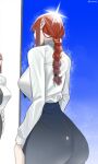 1girl absurdres ass black_necktie black_pants braid braided_ponytail chainsaw_man collared_shirt formal highres long_hair long_sleeves makima_(chainsaw_man) mirror necktie pants red_hair shiny shiny_hair shirt simple_background solo suit unluckytobii white_shirt 