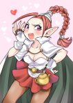  1girl blush braid breasts cape chrono_trigger cleavage earrings fingerless_gloves flea_(chrono_trigger) gloves highres jewelry liricolilium long_hair looking_at_viewer open_mouth pantyhose pointy_ears purple_eyes red_hair single_braid skirt smile solo 