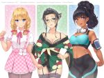  3girls abs aiko_yumi athletic_leotard black_hair blonde_hair braid braided_bangs breasts character_name cleavage cleavage_cutout clothing_cutout dark-skinned_female dark_skin english_commentary english_text eyebrows_visible_through_hair glasses headphones headphones_around_neck highres hunie_(series) huniepop japanese_clothes kimono kyanna_delrio leotard medium_breasts multiple_girls ninamo official_art pantyhose small_breasts thigh_strap thighhighs tiffany_maye 