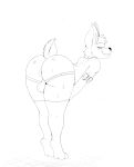  absurd_res anthro anus balls big_butt butt clothed clothing collar digital_media_(artwork) fur genitals hi_res komodo89 looking_back male money nude simple_background slutty_clothing smile solo stripper thick_thighs ych_(character) 