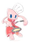  3_fingers 3_toes ambiguous_gender blue_eyes chaba chef_hat clothed clothed_feral clothing cooking cookware feet feral fingers fire fireball food frying_pan hat headgear headwear hi_res kitchen_utensils legendary_pok&eacute;mon mew monotone_body nintendo pancake pink_body pok&eacute;mon pok&eacute;mon_(species) red_clothing simple_background smile solo spatula steam toes tools video_games white_background 
