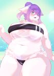  2022 absurd_res anthro aoi_(ukenya) big_breasts black_nose blush breasts canid canine canis clothed clothing domestic_dog embarrassed female fingers fluffy fur green_eyes gris_swimsuit hair hi_res kemono looking_at_viewer mammal meme meme_clothing navel one-piece_swimsuit open_mouth overweight overweight_anthro overweight_female portrait purple_hair solo swimwear teeth thick_thighs three-quarter_portrait tongue translucent translucent_clothing translucent_swimwear tuft ukenya under_boob white_body white_fur wide_hips 