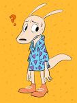  2018 ? absurd_res anthro ayogius black_nose bodily_fluids clothed clothing hi_res looking_away macropod male mammal marsupial nickelodeon rocko&#039;s_modern_life rocko_rama shirt simple_background solo sweat teeth topwear wallaby 