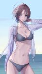  1girl ahoge asakura_tooru bangs bikini bikini_under_clothes black_bikini breasts cleavage cloneryu collarbone cowboy_shot hand_on_own_head highres horizon idolmaster idolmaster_shiny_colors jacket light_purple_hair looking_at_viewer midriff navel ocean outdoors parted_bangs ribs short_hair skinny solo swimsuit white_jacket 