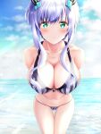  1girl beach bikini blue_sky breasts demon_girl green_eyes highres large_breasts looking_at_viewer maou_gakuin_no_futekigousha misha_necron ocean outdoors short_hair sky smile solo sunlight swimsuit white_hair 