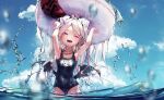  1girl absurdres amamami_prime armpits blue_archive blue_sky cloud demon_horns demon_wings highres hina_(blue_archive) horns innertube navel ocean open_mouth partially_submerged purple_eyes school_swimsuit silver_hair sky swimsuit water_drop wings 