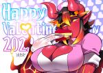  box breasts cleavage cleavage_cutout close-up clothing_cutout colored_sclera colored_skin commentary_request cracked_skin demon_girl demon_horns english_text fire flaming_eyes gift gloves glowing glowing_eyes hair_between_eyes happy_valentine hat heart heart-shaped_box heart_background highres holding holding_box holding_gift horns large_breasts looking_at_viewer medium_hair monster_girl multicolored_hair multicolored_skin nurse nurse_cap original pointy_ears red_skin ryuusei_(mark_ii) short_sleeves signature valentine white_gloves 