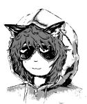  1girl :3 animal_ears cat_ears chen closed_mouth cosplay cropped_torso earrings glasses greyscale hood hoodie jewelry monochrome real_life scuffed_(edgymuhgee) short_hair simple_background single_earring solo sunglasses sweatshirt ted_kaczynski ted_kaczynski_(cosplay) touhou unabomber upper_body 