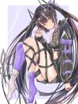  1girl asymmetrical_legwear bangs black_hair black_jacket black_ribbon black_shirt blush breasts cleavage closed_mouth commentary_request crop_top cross-laced_sleeves demon_girl demon_horns demon_tail eyebrows_visible_through_hair full_body haizanhei heart heart_print highres horns jacket jewelry kojo_anna leg_ribbon long_hair long_sleeves looking_at_viewer medium_breasts midriff mismatched_legwear multicolored_hair navel no_shoes off_shoulder open_clothes open_jacket pointy_ears print_shirt purple_hair purple_legwear ribbon ring russian_text see-through_shirt shirt single_thighhigh sleeveless sleeveless_shirt smile socks solo sugar_lyric tail thigh_strap thighhighs twintails two-tone_hair virtual_youtuber white_legwear yellow_eyes 