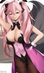  1girl absurdres animal_ears arm_behind_head arm_up black_gloves black_legwear black_leotard black_ribbon breasts cleavage collarbone detached_collar eyebrows_visible_through_hair fake_animal_ears fang fate/grand_order fate_(series) fox_tail glasses gloves hair_ribbon hand_on_hip highleg highleg_leotard highres koyanskaya_(fate) large_breasts leotard long_hair looking_at_viewer pantyhose pink_hair playboy_bunny rabbit_ears ribbon scrapy skin_fang smile solo tail tamamo_(fate) tongue tongue_out twintails wrist_cuffs yellow_eyes 