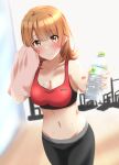  1girl bangs black_pants blush bottle breasts brown_hair cleavage closed_mouth collarbone cowboy_shot eyebrows_visible_through_hair groin hair_between_eyes holding holding_bottle holding_towel indoors isshiki_iroha lieass long_hair looking_at_viewer medium_breasts midriff navel pants red_sports_bra shiny shiny_hair smile solo sports_bra sportswear standing stomach straight_hair sweatdrop towel yahari_ore_no_seishun_lovecome_wa_machigatteiru. yellow_eyes 