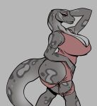  2022 absurd_res anthro big_breasts breasts cleavage clothed clothing eyeshadow facial_piercing female glacierclear grey_body grey_scales hi_res huge_breasts lingerie lip_piercing makeup piercing pink_eyeshadow reptile scales scalie snake solo 