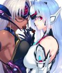  2girls android armpits bare_shoulders blue_eyes blue_hair breast_press breasts candy character_name chocolate cleavage dark-skinned_female dark_skin elbow_gloves expressionless food forehead_protector glasses gloves heart heart-shaped_chocolate kos-mos kos-mos_re: large_breasts long_hair looking_at_viewer looking_to_the_side multiple_girls negresco nintendo one_eye_closed red_eyes sidelocks silver_hair symmetrical_docking t-elos t-elos_re: valentine very_long_hair xenoblade_chronicles_(series) xenoblade_chronicles_2 xenosaga xenosaga_episode_iii 