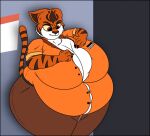  2021 anthro belly big_belly big_breasts bottomwear breasts chest_tuft cleavage clothed clothing dreamworks dress_shirt felid female ill_fitting_clothing kung_fu_panda mammal master_tigress name_tag obese obese_anthro obese_female orange_clothing overweight overweight_anthro overweight_female pantherine pants prison_uniform raised_tail shirt solo struggling swsu-master tiger topwear tuft 