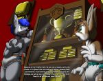  admiring anthro award canid canine canis catmonkshiro diaper duo english_text lagomorph leporid male mammal rabbit text trophies trophy wolf 