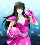  81diver black_eyes black_hair breasts collarbone gloves hair_over_breasts headwear_removed helmet helmet_removed large_breasts long_hair rin sparkle_background tokusatsu v 