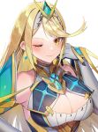  absurdres bangs bare_shoulders blonde_hair breasts chest_jewel cleavage cleavage_cutout clothing_cutout dress earrings elbow_gloves gem gloves headpiece highres jewelry large_breasts long_hair mythra_(xenoblade) short_dress swept_bangs tiara very_long_hair white_dress white_gloves xenoblade_chronicles_(series) xenoblade_chronicles_2 yasaikakiage yellow_eyes 