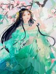  1girl baiguio_(zhu_xian) bi_yao_zhuye black_hair branch cherry_blossoms dress earrings flower flower_bracelet green_dress hair_ornament highres jewelry long_hair petals zhu_xian 