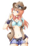  81diver bell breasts carradio collarbone cowboy_hat gradient_eyes hat highres large_breasts long_hair mole mole_under_eye multicolored_eyes nakashizu_soyo navel neck_bell neck_ribbon purple_eyes red_hair ribbon shogi_piece shorts simple_background stomach underboob 