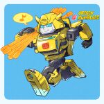  1boy autobot blue_eyes border bumblebee character_name clenched_hand holding horns mecha musical_note running science_fiction smile solo spoken_musical_note sunafuki_tabito transformers white_border 