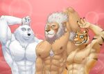  abs absurd_res anthro armpit_hair blue_eyes body_hair canid canine canis claws clay_calloway_(sing) felid fur green_eyes group hi_res jabuhusky jimmy_crystal lion male mammal mane muscular muscular_anthro muscular_male nipples pantherine ryan_(sing) smile stripes tiger whiskers white_body white_fur wolf 