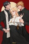  1girl 2boys black_hair blonde_hair blue_eyes capelet cassock clerical_collar dio_brando dress erina_pendleton formal habit holding_another&#039;s_wrist jojo_no_kimyou_na_bouken jonathan_joestar long_hair multiple_boys nun phantom_blood priest red_eyes see-through sobi_(dnenqkswja) stole suit veil 