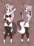  3:4 4_toes absurd_res anthro black_pawpads breasts butt canid canid_demon claws clothing dakimakura_design demon digitigrade feet fur grey_body grey_fur hellhound helluva_boss hi_res legwear looking_at_viewer looking_back loona_(helluva_boss) mammal pawpads paws shnuzzlez solo thigh_highs toes watermark white_body white_fur 