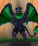  anthro black_body bulge clothed clothing disney elena_of_avalor feathered_wings feathers felid green_body green_eyes green_feathers hi_res jaquin king_verago looking_at_viewer male mammal pantherine rahir_(artist) seductive smile solo underwear underwear_only wings 
