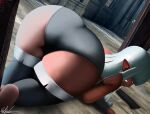  big_butt butt clothed clothing detailed_background ear_piercing ear_ring female final_fantasy final_fantasy_xiv hair hi_res humanoid lalafell legwear looking_back not_furry piercing poketune solo square_enix thigh_highs video_games 
