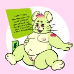  1:1 andromorph anthro arm_tattoo beverage cricetid dripping_pussy energy_drink fur genitals green_body green_fur hamster heart_tattoo hi_res highlights_(coloring) intersex lenny_(artist) mammal overweight presenting presenting_pussy pussy rodent solo tattoo 