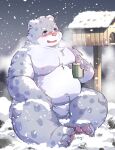  2022 anthro asian_clothing belly blush cai_yuwang clothing detailed_background east_asian_clothing felid fundoshi humanoid_hands japanese_clothing kemono male mammal moobs navel nipples outside overweight overweight_male pantherine pink_nose sitting snow snow_leopard snowing solo underwear white_clothing white_fundoshi white_underwear 