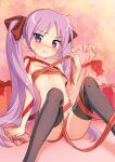  1girl bangs black_legwear blurry blurry_background blush box breasts closed_mouth commentary_request eyebrows_visible_through_hair gift gift_box hair_ribbon highres hiiragi_kagami hotaru_iori ichimi_renge long_hair looking_at_viewer lucky_star naked_ribbon nose_blush purple_eyes purple_hair red_ribbon ribbon sack sitting small_breasts solo sweat thighhighs twintails valentine very_long_hair 