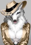  2022 absurd_res anthro blue_eyes breasts bust_portrait canid canine canis clothing coat dated digital_media_(artwork) ear_piercing eyelashes fedora female fluffy fur gradient_background grey_background hat headgear headwear hi_res inner_ear_fluff kemono long_sleeves mammal monotone_body monotone_fur neck_tuft piercing pink_tongue portrait sigma-d signature simple_background smile solo tan_clothing tan_hat tan_headwear tongue tongue_out topwear trenchcoat tuft white_body white_fur wolf 