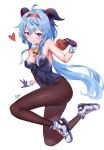  1girl absurdres ahoge armpits artist_name bangs bbk_(bbkbebek7) bell black_legwear blue_gloves blue_hair blue_leotard blush bow breasts candy chocolate cleavage eyebrows_visible_through_hair food full_body ganyu_(genshin_impact) genshin_impact gloves hair_ornament heart heart-shaped_chocolate highres horns leotard long_hair looking_at_viewer low_ponytail medium_breasts neck_bell pantyhose playboy_bunny purple_eyes shoes sidelocks smile sneakers solo thighs valentine white_background wrist_cuffs 