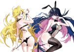  2girls ass back black_bow blonde_hair blue_eyes bow breasts collar highres jiuyesang legs long_hair multiple_girls panty_&amp;_stocking_with_garterbelt panty_(psg) simple_background spiked_collar spikes stocking_(psg) tongue tongue_out white_background 