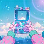  1other ambiguous_gender bandages bird blue_sky border city cityscape commentary_request crescent_moon cumulonimbus_cloud game_boy handheld_game_console jewelry lens_flare moon multiple_rings original pink_sleeves ring sky sleeves_past_wrists sticker tagme wacca005 