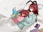  ... 2girls ? alternate_costume bed bespectacled black_ribbon blanket blush book breasts brown_hair child collarbone dark-skinned_female dark_skin eyebrows_visible_through_hair glasses hair_between_eyes hair_ribbon highres huge_breasts lying lying_on_person medium_hair mizuki_shiranui mizuki_yukikaze moromoro_(moro918) mother_and_daughter multiple_girls on_back open_mouth pajamas pillow reading red_eyes red_ribbon ribbon short_hair sketch spoken_ellipsis spoken_question_mark taimanin_(series) translation_request two_side_up younger 