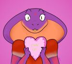 2020 5_fingers anthro clothed clothing cobra english_text female fingers hi_res holidays keeshee looking_at_viewer ncs pink_background purple_body reptile scalie simple_background snake snake_hood solo text tongue valentine&#039;s_day yellow_tongue 