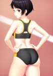  1girl ass back bangs bikini black_bikini black_hair blurry breasts contrapposto cowboy_shot depth_of_field from_behind hands_on_hips highres kuri_(kurigohan) looking_at_viewer looking_back original parted_lips purple_eyes running_track short_hair smile solo sports_bikini sports_bra standing swimsuit track_and_field 