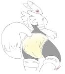  anthro bandai_namco blush bodily_fluids butt diaper digimon digimon_(species) female genital_fluids hardscales hi_res peeing renamon sagging_diaper soggy_diaper solo urine wet_diaper wetting 